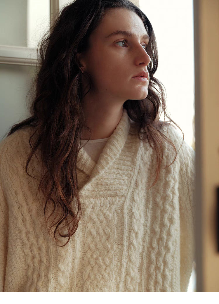 Snowfall Cable-Knit Shawl Pullover Sweater