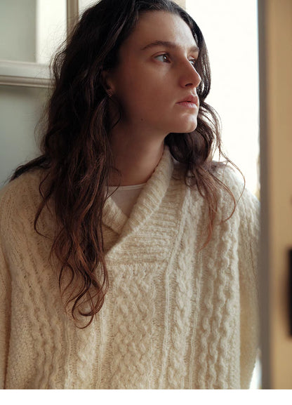 Snowfall Cable-Knit Shawl Pullover Sweater