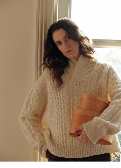 Snowfall Cable-Knit Shawl Pullover Sweater