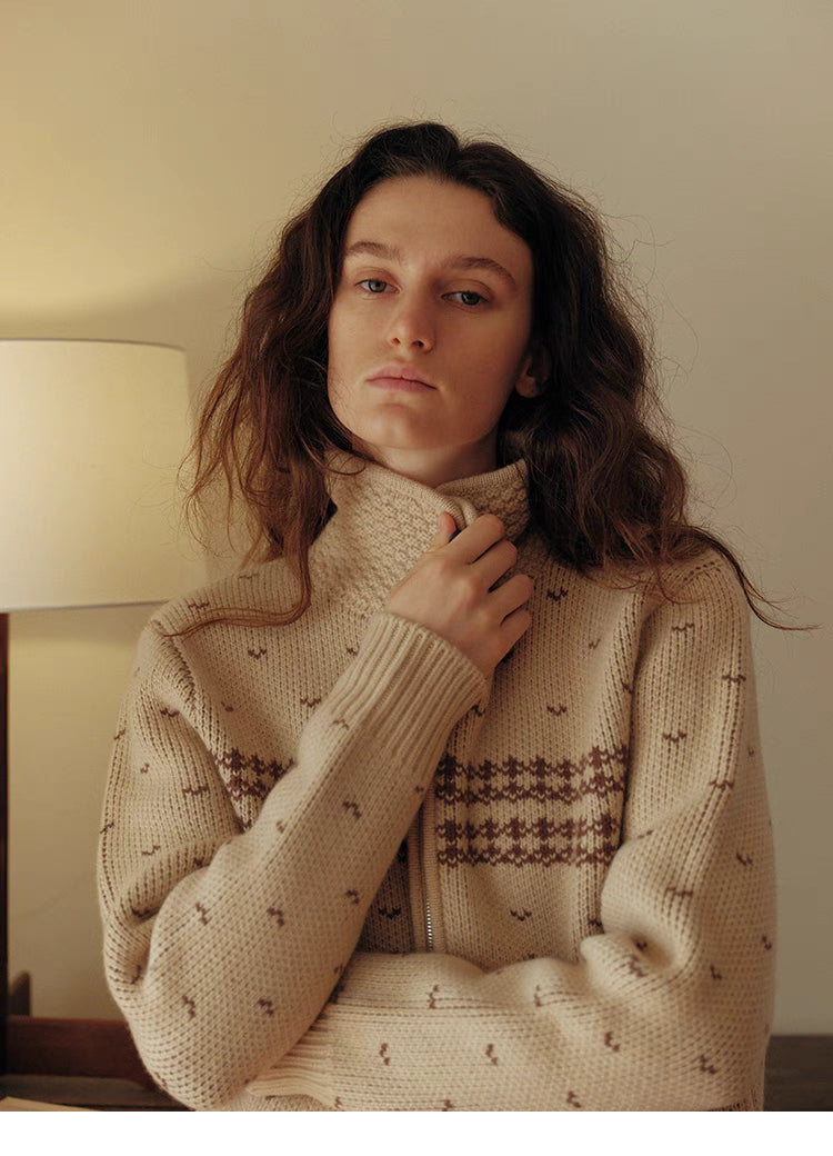 Vintage Knit Patterned Zip Cardigan