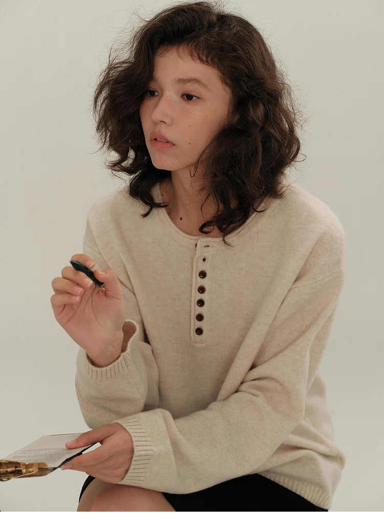 Buttoned Henley Knit Pullover Sweater