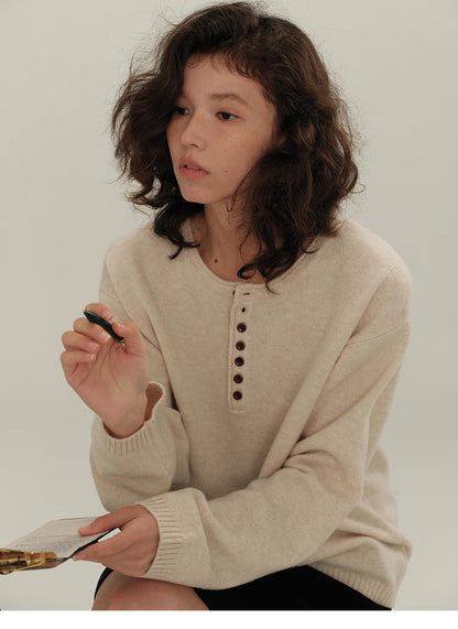 Buttoned Henley Knit Pullover Sweater