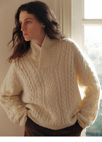Snowfall Cable-Knit Shawl Pullover Sweater