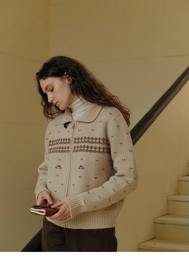 Vintage Knit Patterned Zip Cardigan
