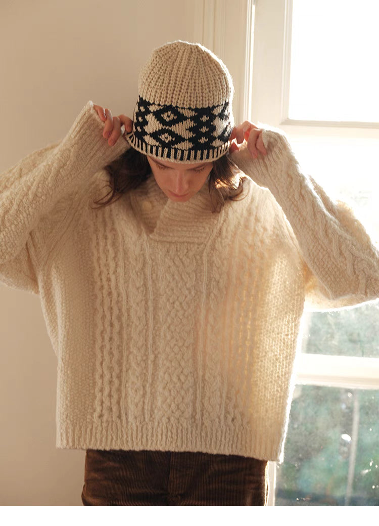 Snowfall Cable-Knit Shawl Pullover Sweater