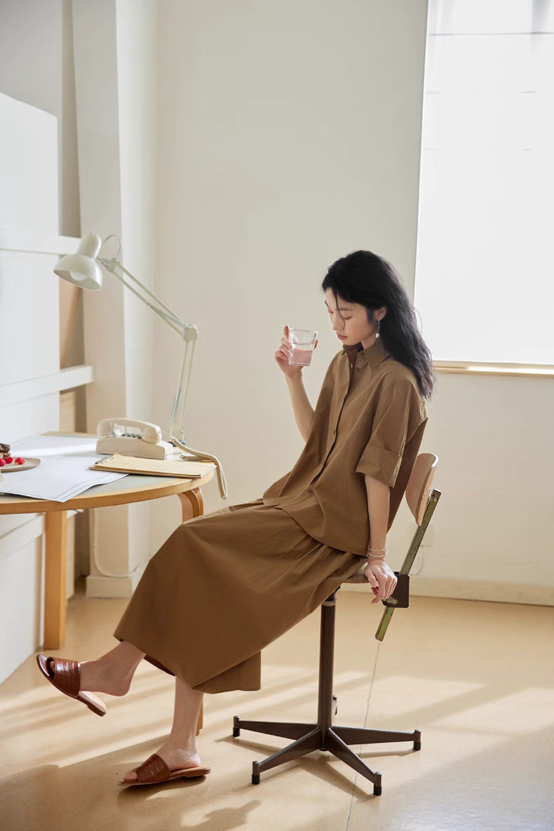 Relaxed Cotton Blouse &amp; Midi Skirt Set
