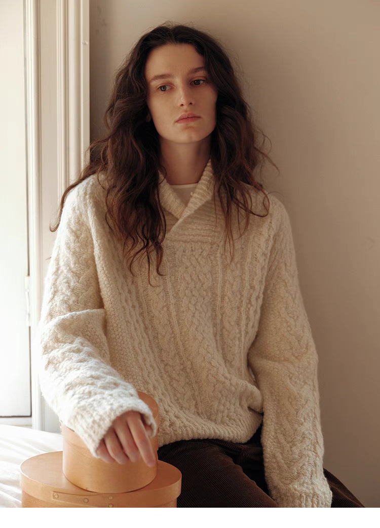 Snowfall Cable-Knit Shawl Pullover Sweater