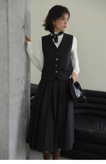 Elegant Tailored Vest &amp; Pleated Skirt Set
