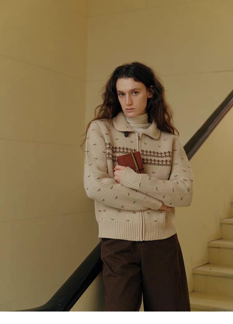 Vintage Knit Patterned Zip Cardigan