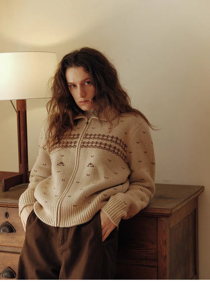 Vintage Knit Patterned Zip Cardigan