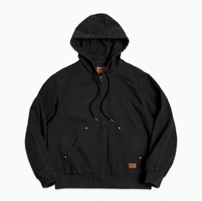 Adventure Ready Hooded Jacket in Black front view showing drawstring hood, front zip closure and front pocket design