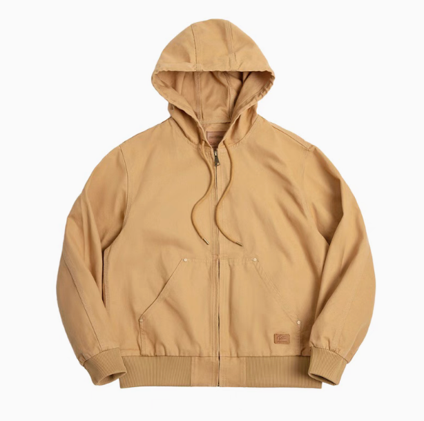 Adventure Ready Hooded Jacket in Khaki front view showing drawstring hood, front zip closure and kangaroo pocket design