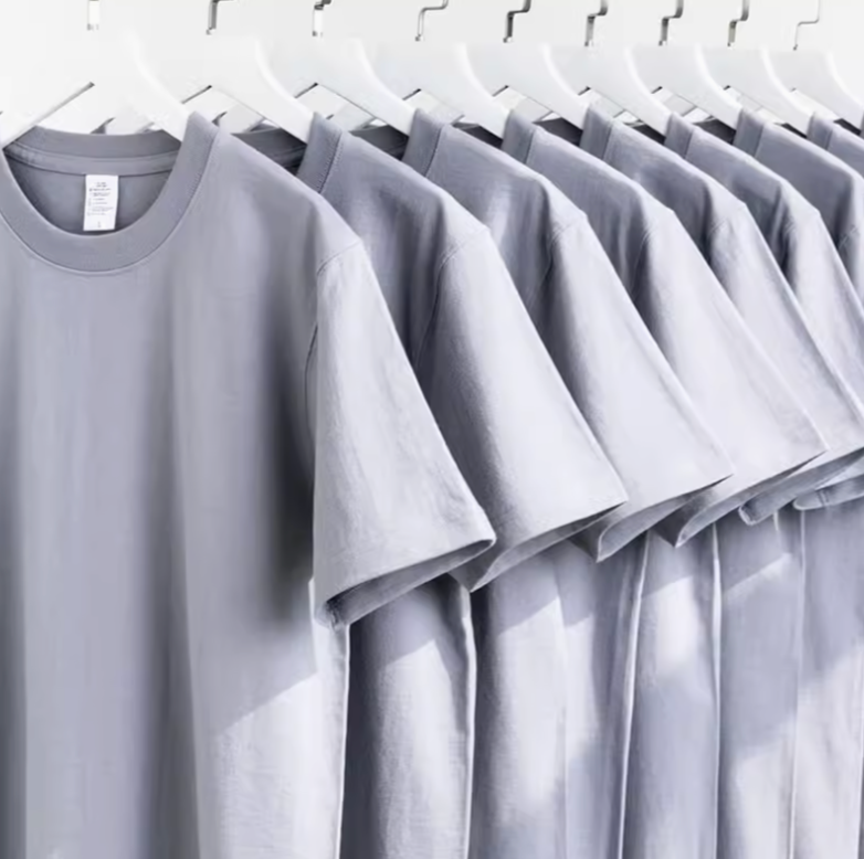 All-Day Comfort Tee Purple Gray multiple shirts on hangers short sleeve cotton display
