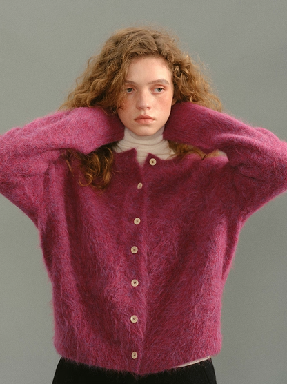 Rose Plum alpaca fuzzy cardigan front pose with soft halo texture and white turtleneck