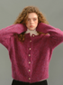 Rose Plum alpaca fuzzy cardigan front pose with soft halo texture and white turtleneck