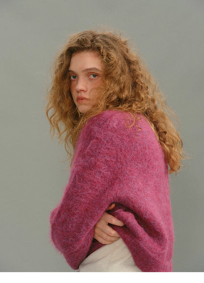 Side profile of Rose Plum alpaca fuzzy cardigan highlighting cloud-halo fibers
