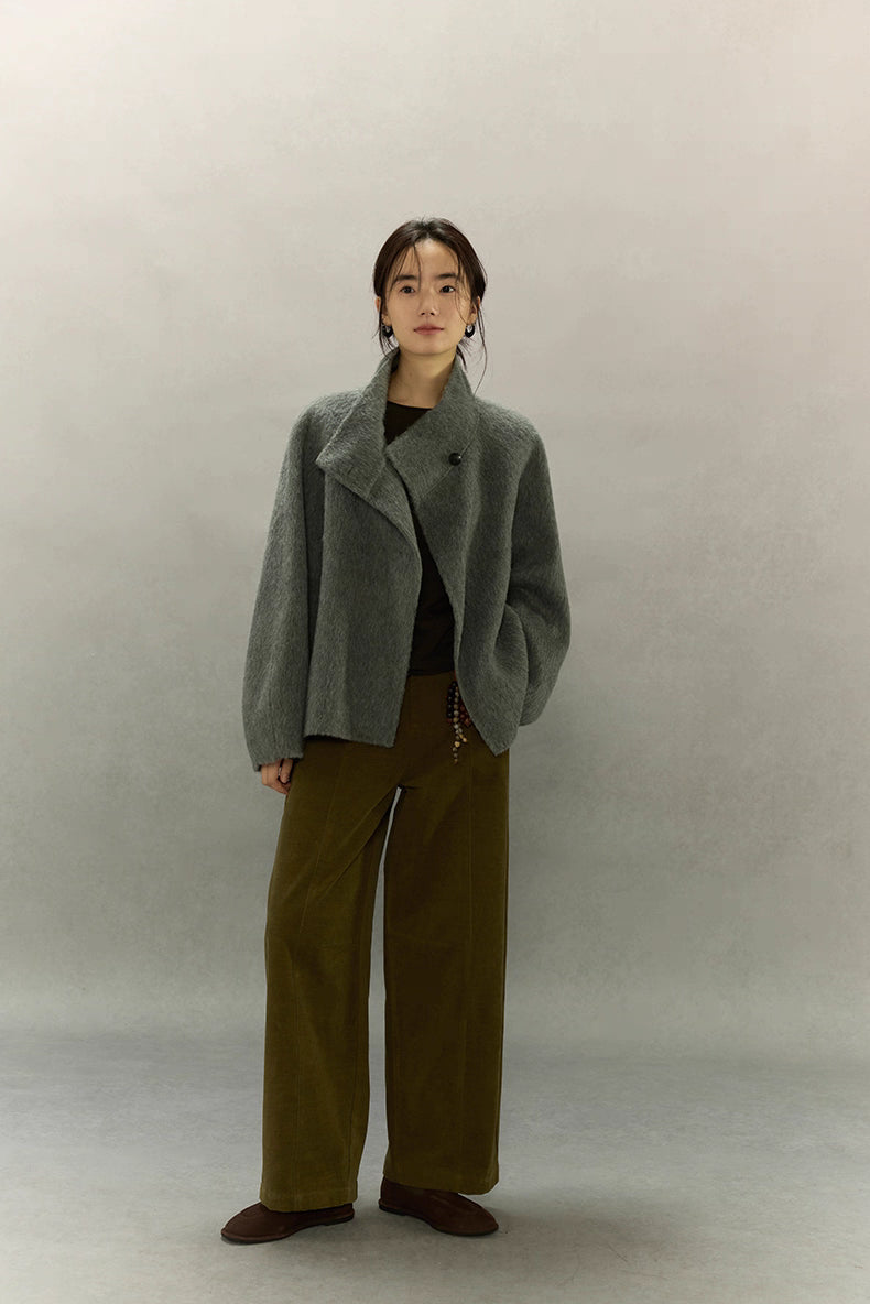 Full-body look with sage gray alpaca short jacket styled with wide-leg pants