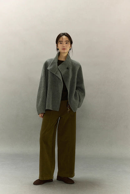 Full-body look with sage gray alpaca short jacket styled with wide-leg pants