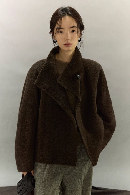 Front view of dark coffee brown alpaca sculpted-collar jacket on model