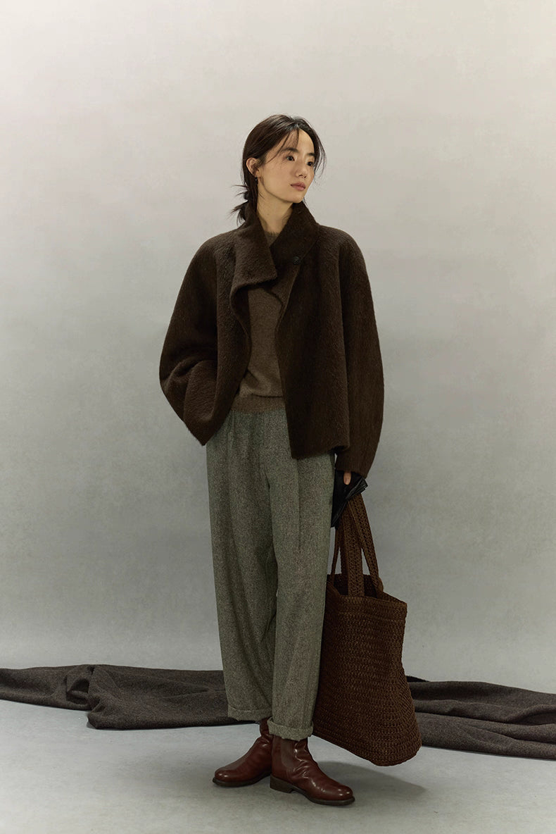 Full-body outfit with dark coffee brown alpaca jacket, gray trousers and brown boots