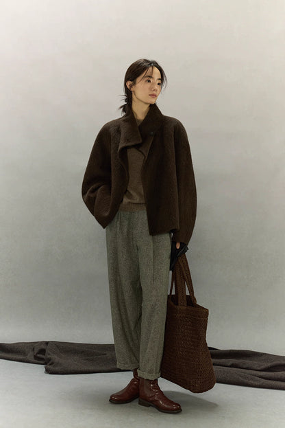 Full-body outfit with dark coffee brown alpaca jacket, gray trousers and brown boots