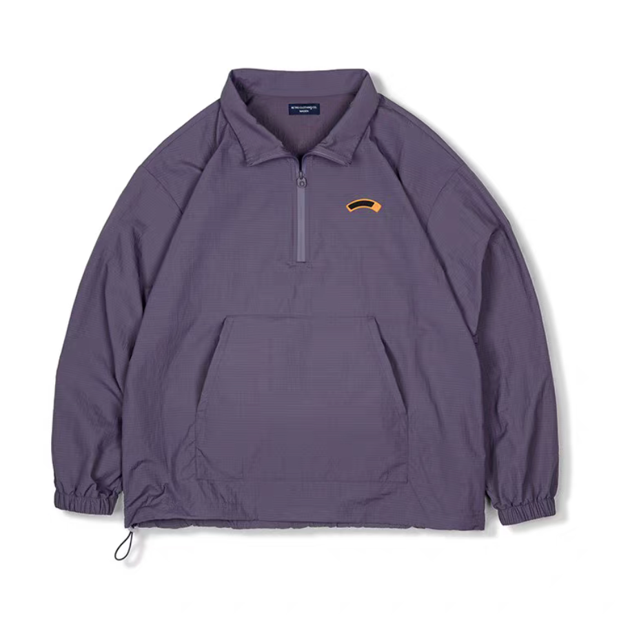 Dusty purple lightweight grid anorak jacket flat lay front view with half zip and kangaroo pocket