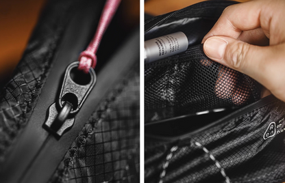Close-up of water-resistant zipper and mesh inner pocket of AON bag