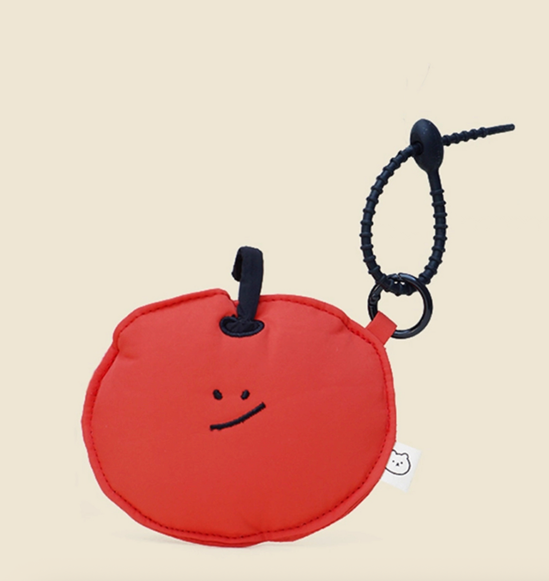 Red apple face zip pouch keychain with soft loop, cute mini bag charm.
