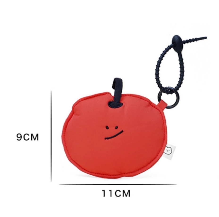 Red apple face mini pouch keychain size reference, approx. 3.5 × 4.3 × 1.6 in.