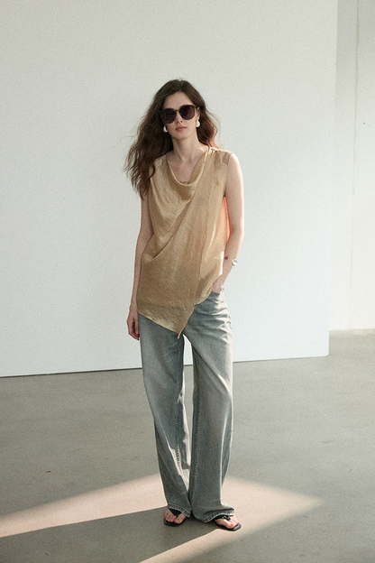 Full-length front view of Apricot Lyocell blend cowl neck top with pointed hem
