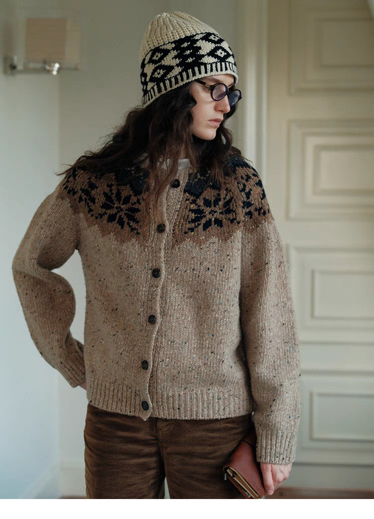 Khaki cable knit cardigan styled with patterned beanie showcasing layered winter outfit and cozy aesthetic