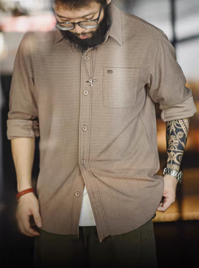 Camel grid-texture long sleeve shirt worn front view featuring button-down design, chest pocket, and relaxed casual fit