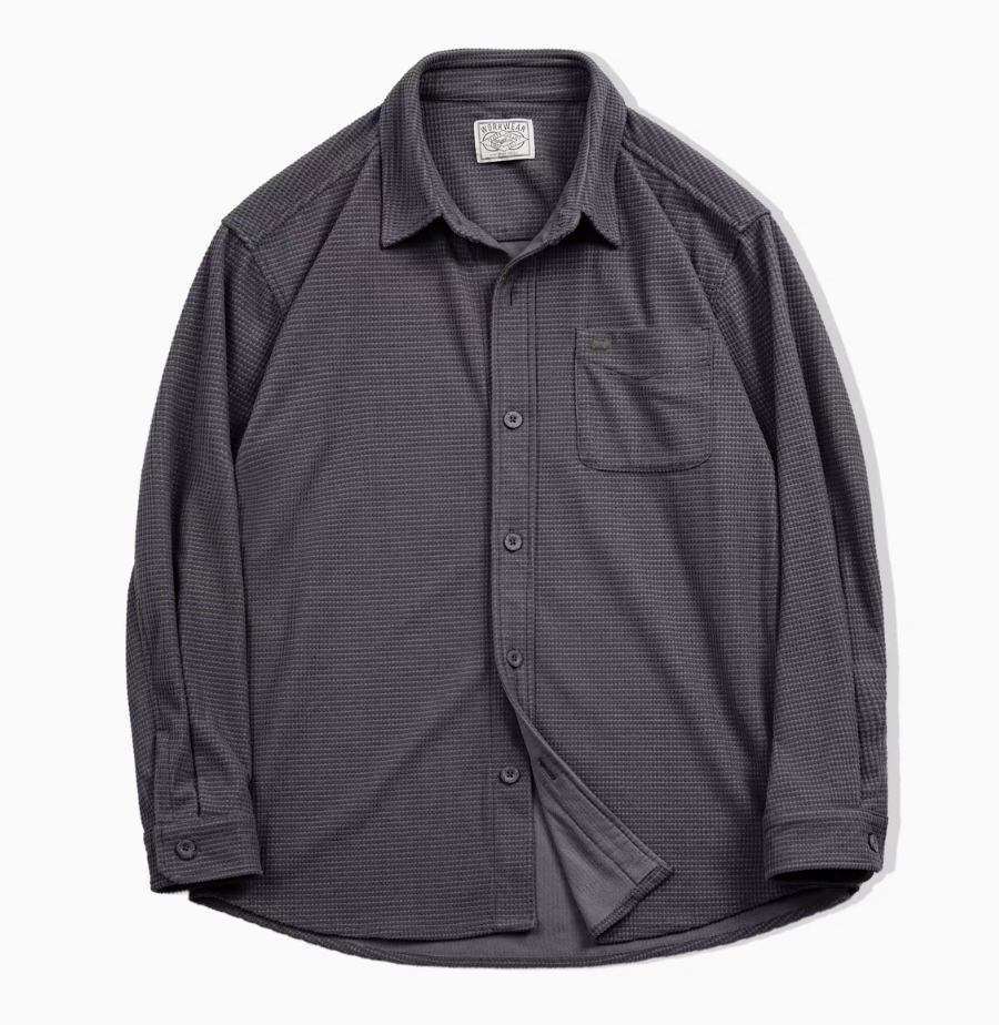 Dark Gray architectural grid-texture long sleeve shirt flat lay front view with button closure and chest pocket detail