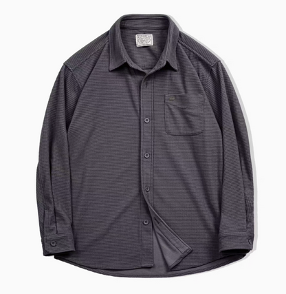 Dark Gray architectural grid-texture long sleeve shirt flat lay front view with button closure and chest pocket detail