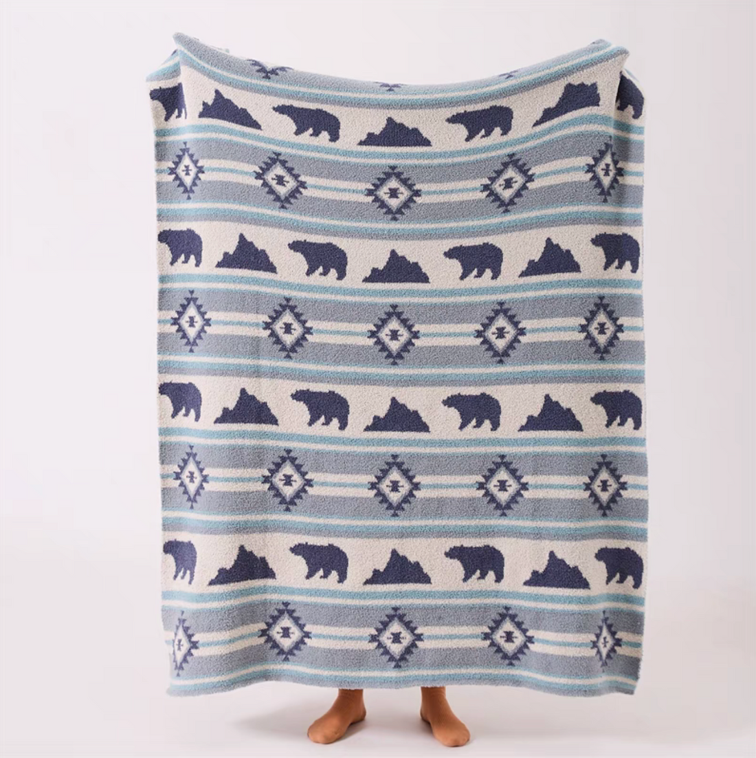 Full front display of Blue Dream Bear throw blanket showing repeating polar bear and geometric stripe pattern