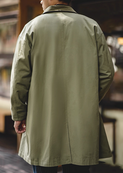 Back view of army green mid-length coat