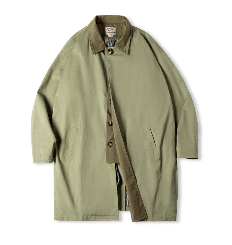 Men’s army green mid-length cotton blend coat front view