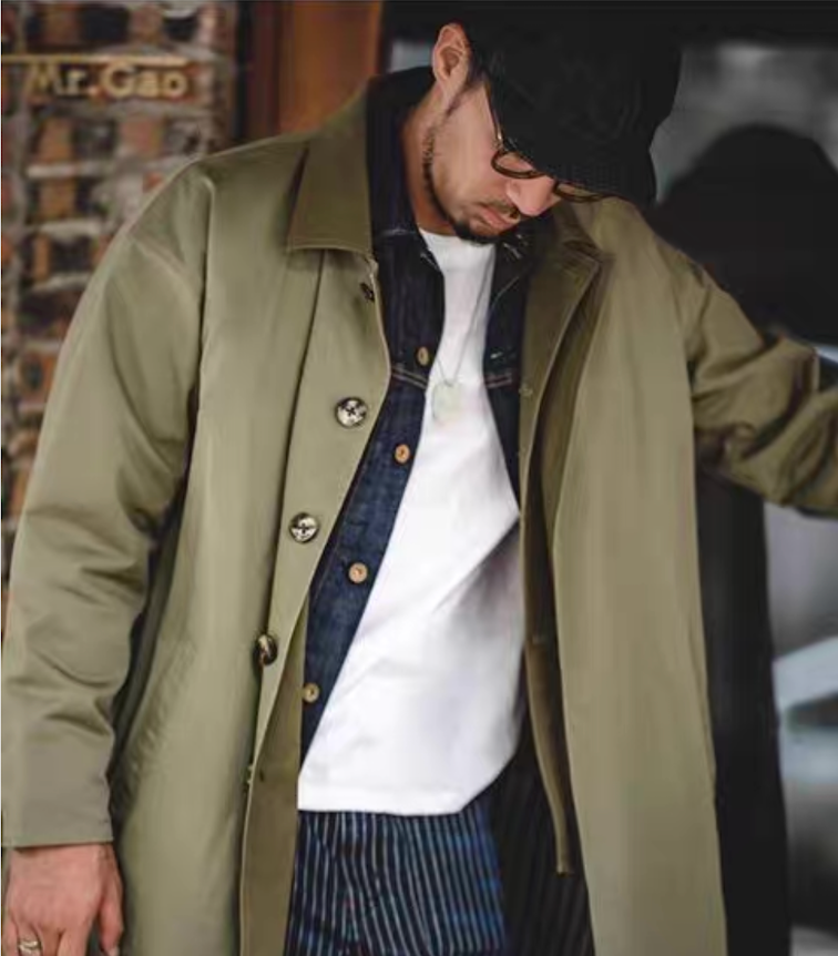 Model styling men’s army green coat with denim