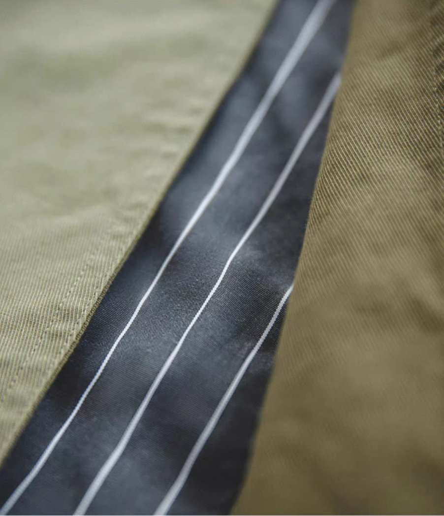 Inner striped lining detail of men’s mid-length coat