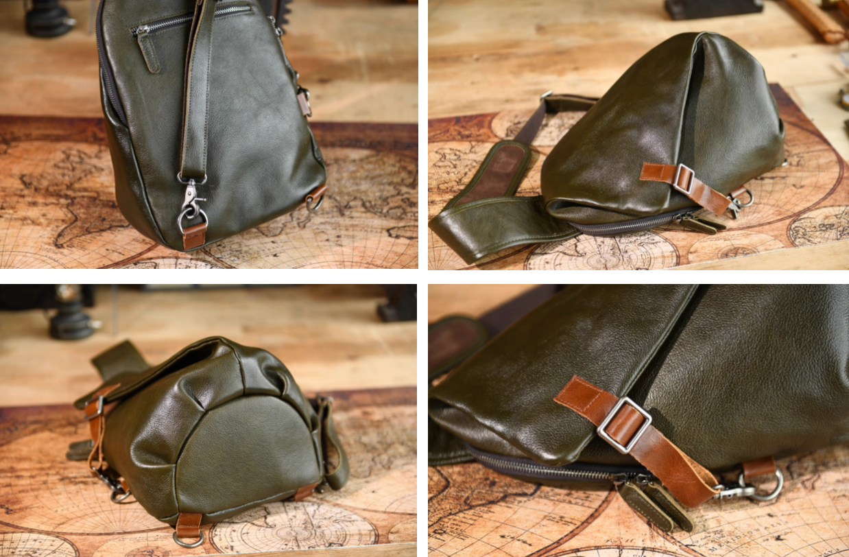 Collage of close-up shots showing army green leather sling bag bottom, strap, zipper, and stitching details.