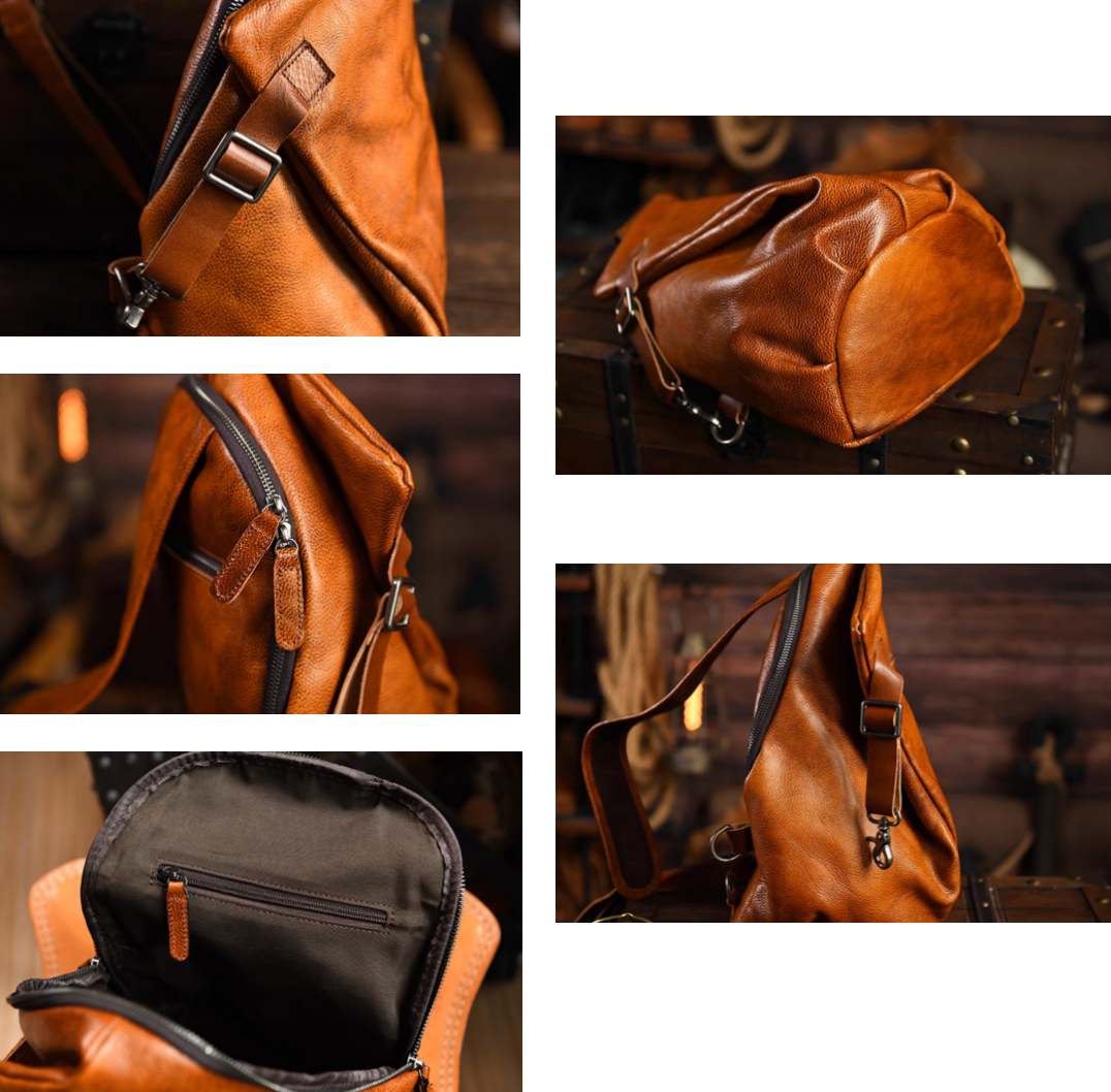 Close-up collage of caramel leather sling bag details including zipper, base, and interior pocket.