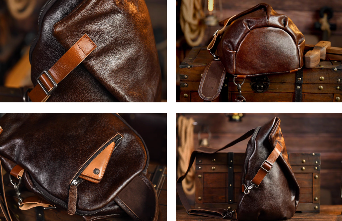 Detail collage of dark brown leather sling bag showing grain, bottom panel, and side strap.