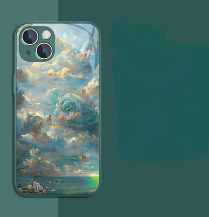 Jade green frame oil painting phone case with cool ocean clouds and rainbow detail glossy design