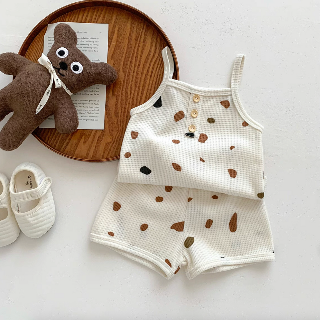 Baby waffle knit tank and shorts set in colorful stones print with teddy and shoes