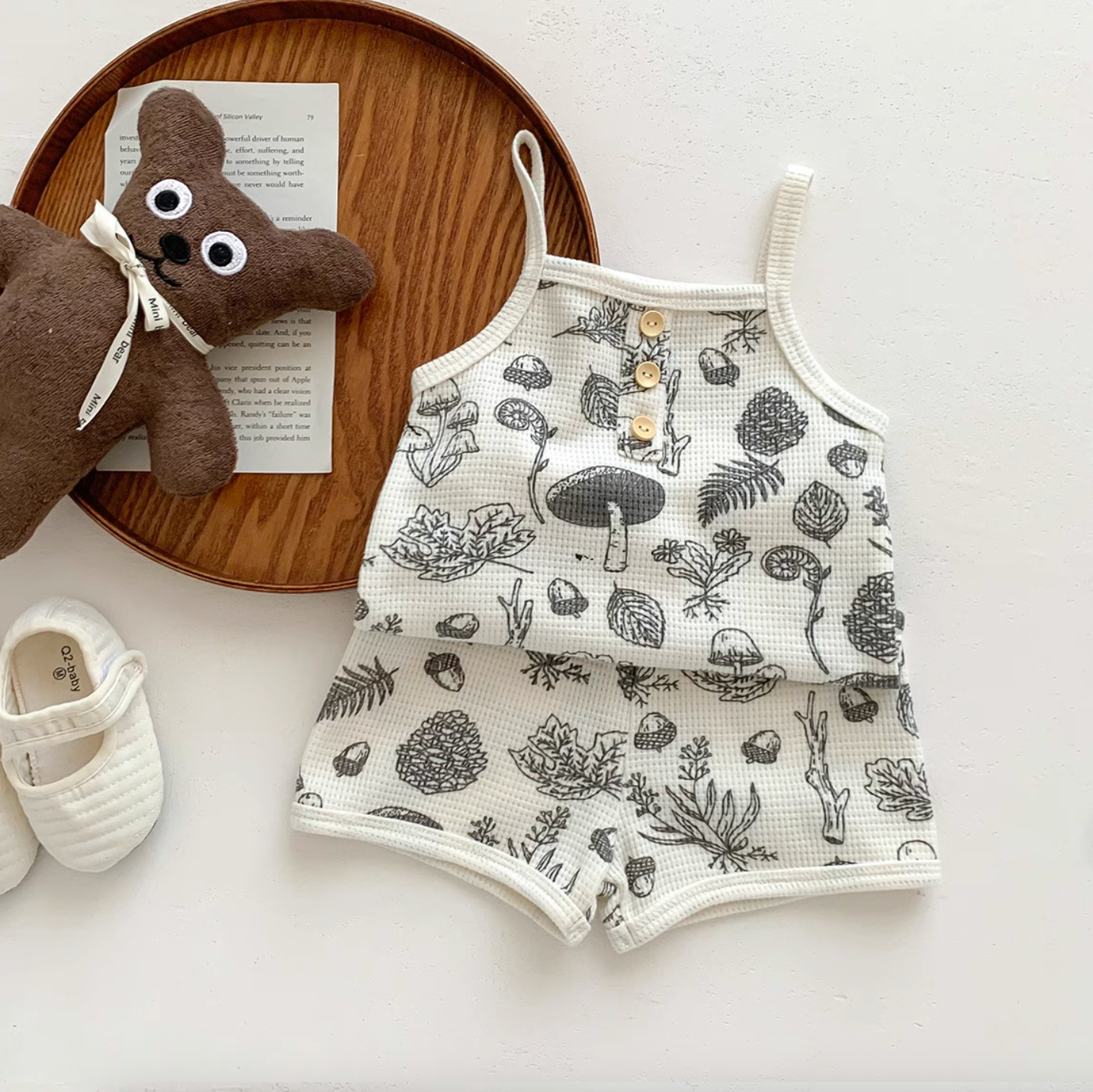 Baby waffle knit set in woodland sketch print with camisole top and shorts