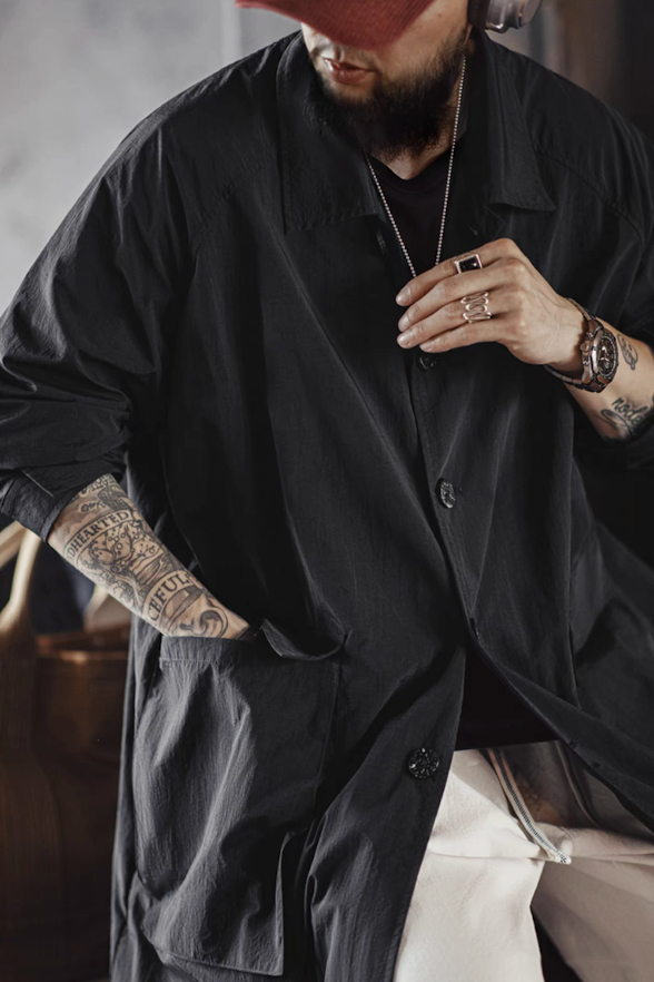 close view of collar and buttons on balmacaan overcoat