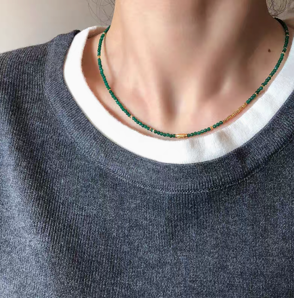 Model wearing Barcelona Green Agate Choker featuring green agate beads and gold plated silver details