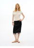Full-length front view of Black straight slip skirt with lace trim