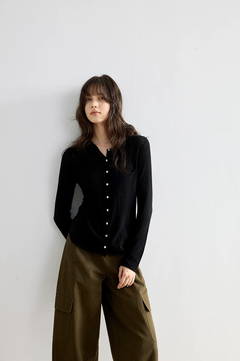 Black wool cardigan, close front detail of button placket and pocket