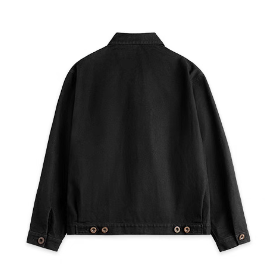 Back view of men’s black cotton workwear jacket